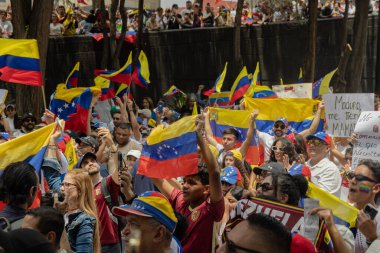 Mexico City Mexico - 17 Ağustos 2024: Venezuela seçimlerinde çok sayıda bayrakla dolandırıcılığı protesto eden insanlar