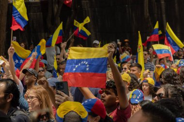 Mexico City Mexico - 17 Ağustos 2024: Venezuela seçimlerinde çok sayıda bayrakla dolandırıcılığı protesto eden insanlar