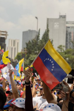 Mexico City Mexico - 17 Ağustos 2024: Venezuela seçimlerinde çok sayıda bayrakla dolandırıcılığı protesto eden insanlar