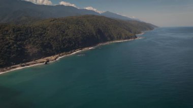 Altın kumlu sahilin ve kristal berrak sularla Karayip Denizi 'nin havadan görünüşü