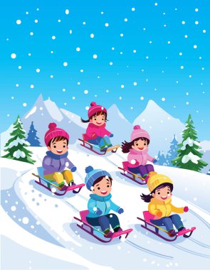 Çocukların Kızak yaptığı Noel Kış Sahnesi