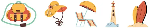 stock vector A line of beach and travel icons including a backpack, a hat, a chair, an umbrella, a surfboard, and a lighthouse