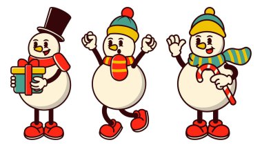 Üç kardan adam ellerinde hediyeler ve bir baston şeker tutuyor. Hepsi gülümsüyor ve iyi vakit geçiriyor gibi görünüyorlar.