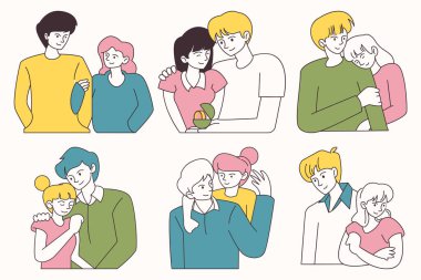 İnsanların sarıldığı bir dizi karikatür çizimi. Çizimler art arda ve farklı boyutlarda.
