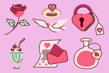 Sevgililer Günü temalı bir takım ikonlar arasında bir gül, bir kalp, bir kilit, bir anahtar, bir bardak, bir şişe, bir vazo, bir kuş, ve bir kek