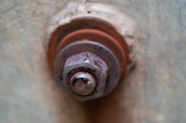 Rusty Bolt 'un yakın plan fotoğrafı yerleştirildi. Metal yüzeydeki desenleri ve aşınmayı gösteriyor..
