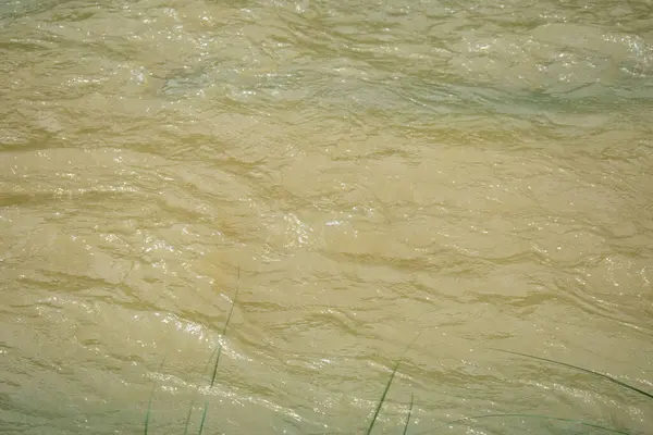 stock image Close-up view of Muddy Water in Motion. Close-up view of a Muddy river, capturing the flow of sediment-laden water. The yellowish-brown.