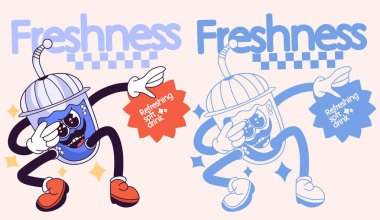 Çift maskot konsepti 1960 'ların psikedelik maskotlarından esinlenerek hem ferahlatıcı hem de neşe verici olan ferahlatıcı mavi bir içecek için.