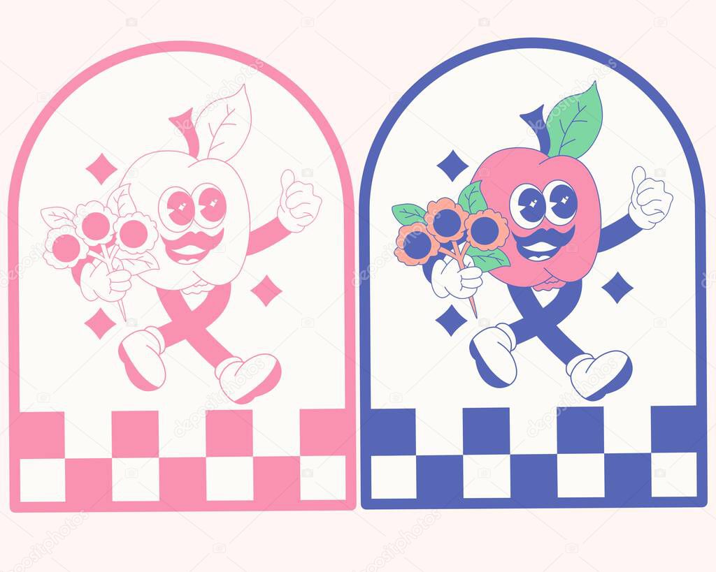Groovy psychedelic illustration of a peach holding a flower for a date,checkerboard frame adds of style,design can be used for a variety of purposes, including stickers,mascot logos,and woven clothing