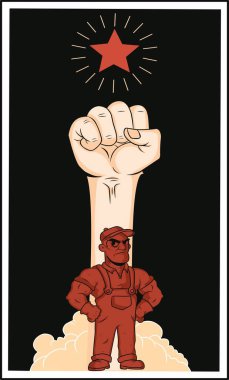 1 Mayıs poster sanatı. Yükselmiş yumruğu ve kırmızı yıldızı olan kararlı işçi dayanışmayı, direnişi, umudu ve dinamik arzuyu simgeliyor..
