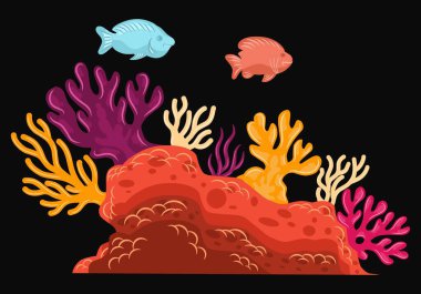 Renkli balıklar, parlak mercanlar ve desenli deniz tabanından oluşan canlı bir su altı yaşamı.