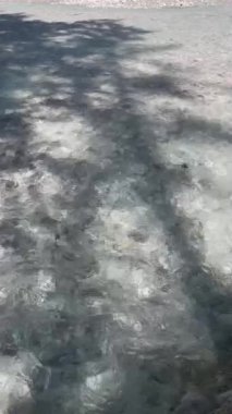 Yukarıdan akan temiz dağ suyu manzarası, doğa ve çevre. Temiz su sığ bir nehirde akar. Su akışının desenli ve soyut bir dokusu var..