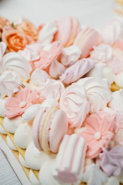 Pastanın üzerindeki pastel renkli badem kurabiyelerinin ve karmaşık çiçek süslemelerinin görsel çekiciliği yumuşak ve davetkar renklerde zarif tatlı sanatını gözler önüne seriyor.