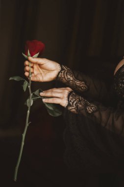 Dantel kollu zarif eller tek bir kırmızı gülü nazikçe tutarak güzelliği ve zarafeti yakalıyor. Görüntü, jest yoluyla bir şefkat ve zarafet hissi verir..
