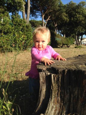 Pembe tişörtlü çocuk güneşli bir parkta ağaç kütüğünü ilginç bir şekilde keşfediyor. Etrafı ağaçlarla çevrili çocuk neşeli bir ifade sergiliyor, dışarıda güzel bir günün tadını çıkarıyor.
