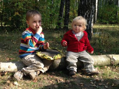 İki çocuk ormanda bir kütüğe oturup abur cuburların tadını çıkarıyor. Çizgili süveter giyen bir çocuk yemek yerken, diğeri kırmızı ceket giymiş, gözlemliyor. Sonbahar yaprakları etraflarını kaplar.