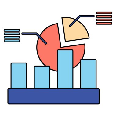Veri analiz konsepti. İş istatistiklerini, mali raporu, piyasa araştırmasını, veri görselleştirmesini temsil eden pasta grafiği ve çubuk grafiği.