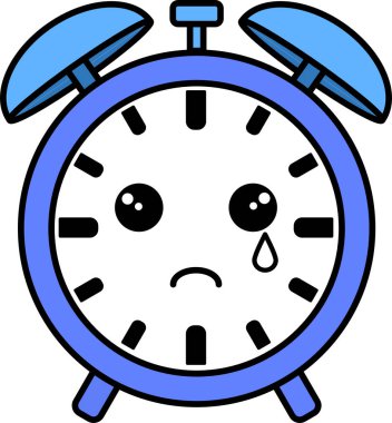 Üzgün yüzlü karikatürümsü çalar saat. Saat mavi ve beyaz.
