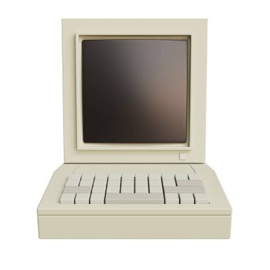 Beyaz arkaplanda klavyesi olan klasik beyaz masaüstü bilgisayarı. 3B görüntüleme