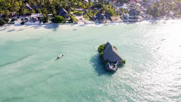 Tropikal ada, bali, hava aracı fotoğrafı. Palmiye ağaçları, Zanzibar, Tanzanya 'nın güzel kumsal manzarası.,