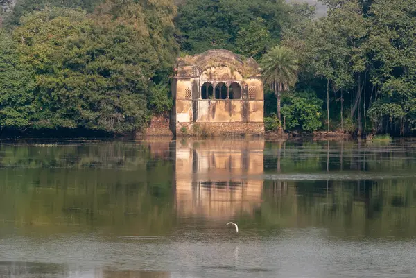 Ranthambore kaplan koruma alanı içindeki Raj Bagh Gölü 'ndeki vahşi yaşam safarisi sırasında bir yapı manzarası.