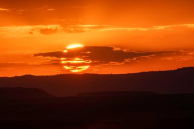 Mara düzlüklerinde güzel bir günbatımı Masai Mara Ulusal Sığınağı 'nda vahşi yaşam safarisi sırasında