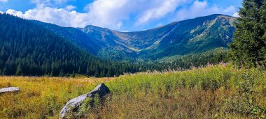 Dağlara yolculuk. Tatra Dağları 'nda yürüyüş. Aralarında vadiler olan dağ zirveleri. Etkin yaşam biçimi. 