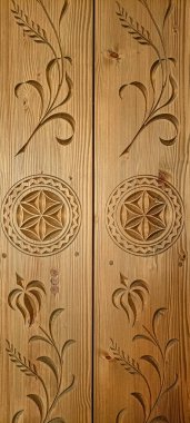 Authentic ethnic highlander patterns carved on wood. Decoration of the house in folk style. Patterns for decor.  clipart