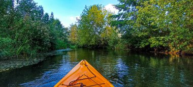 Güneşli bir günde ormanın yakınındaki bir nehirde kano kullanmak nehrin kenarından çekilir. Yaz sporları. Aktif yaşam tarzı. Widawka Nehri