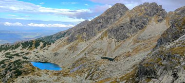 Lakes between mountains. Hiking as a favorite hobby. Active lifestyle. Views of the Tatra Mountains and the High Tatras from hiking trails. Peaks, slopes and valleys between mountains clipart