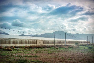 Bulutlu gökyüzü altındaki geniş seralar, Cabo de Gata, Almerya, İspanya