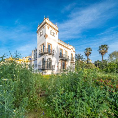 Abandoned regionalist style chalet located on Avenida de la Palmera in Sevilla, Spain with lush overgrown vegetation. clipart