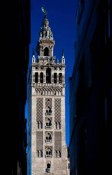 stock image Stunning north view of the historic La Giralda tower, located on Placentines Street in the heart of Seville, Spain. A beautiful example of Gothic and Renaissance architecture.