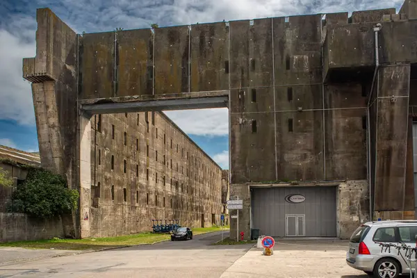 stock image Exterior view of the German WWII submarine base in Lorient, Brittany, France. Historic military architecture from World War II.