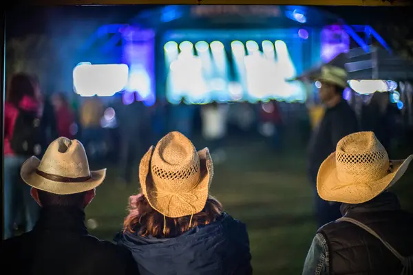 stock image Three people wearing cowboy hats enjoying the Huercasa Country Festival 2017 in Riaza, Segovia, Spain, with a colorful stage in the background.