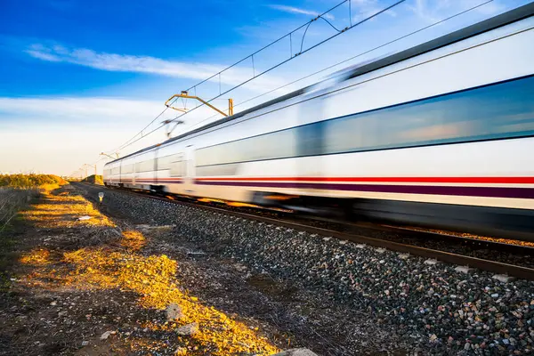 İspanya 'nın Endülüs, Sevilla ilindeki Carrion de los Cespedes yakınlarındaki kırsal kesimde hızlı bir tren raylarda belirsizleşiyor..