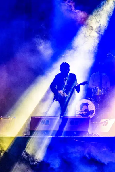 Seville, İspanya, 31 Temmuz 2021, Sevilla 'daki Dynamic rock konseri renkli sahne ışıklarına karşı çarpıcı bir gitarist silueti. Canlı bir müzik etkinliğinin enerjisini ve atmosferini yakalar.