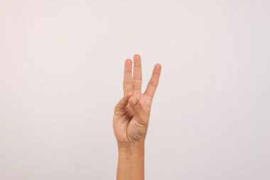 Beyaz stüdyo arka planında izole edilmiş altı numaralı beyaz erkek el hareketini gösteriyor. Özürlüler için el numarası kavramı.