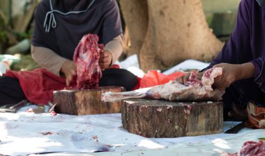 Bir grup kadın bayram kutlaması sırasında tahta tepside bir keçi eti yığınını bıçakla kesiyorlar. Kasap çiğ keçi etini bıçakla keser. Ied al adha kavramı.