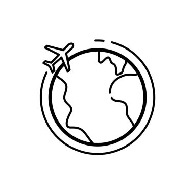 Dünyayı dolaşmak, dünya üzerinde düzlem - vektör simgesi. Vektör illüstrasyonu