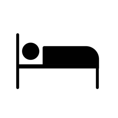 Yatak, gece konaklama, otel. Yatakta uyuyan kişi - vektör simgesi. Vektör illüstrasyonu