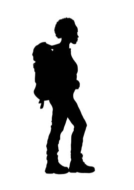 Sırt çantalı yürüyen kadın silueti. Vektör illüstrasyonu