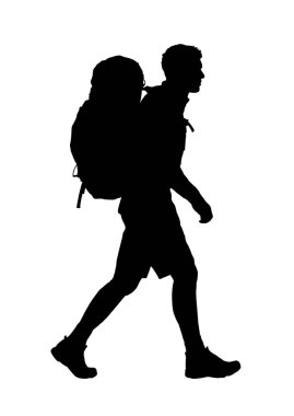 silhouette of walking man with backpacks, hiking, trekking - vector illustration . Vector illustration clipart