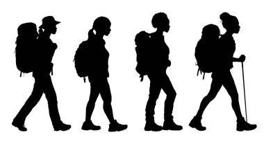 Sırt çantalı yürüyen bir kadın silueti. Vektör illüstrasyonu