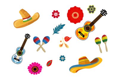 Meksika sombrerosu, çiçekler, marakas elementleri ayarlandı - vektör illüstrasyonu. 