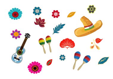 Meksika sombrerosu, çiçekler, marakas elementleri ayarlandı - vektör illüstrasyonu. 