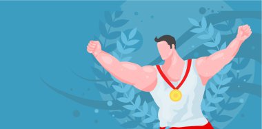 Zafer, altın madalyalı atlet defne çelengi. Vektör illüstrasyonu, arkaplan boşluğu. Vektör illüstrasyonu