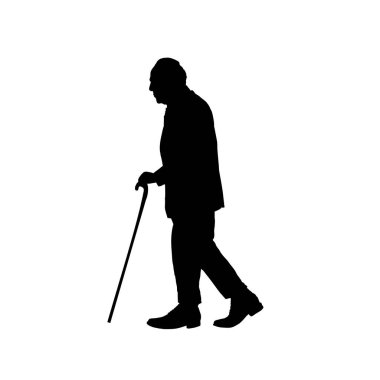 Bastona yaslanmış yaşlı bir adamın silüeti. Vektör çizimi. Vektör illüstrasyonu