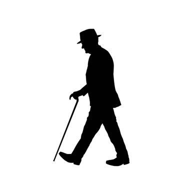Bastona yaslanmış yaşlı bir adamın silüeti. Vektör çizimi. Vektör illüstrasyonu