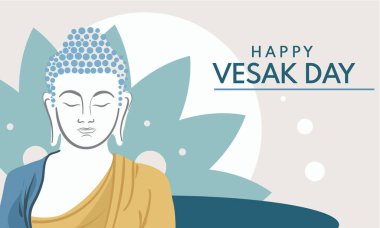 Mutlu Vesak Günü afişleri. Nilüfer çiçeğine karşı meditasyon yapan Buda 'nın yüzü. Vektör illüstrasyon, pankart. Boşluk. Vektör illüstrasyonu